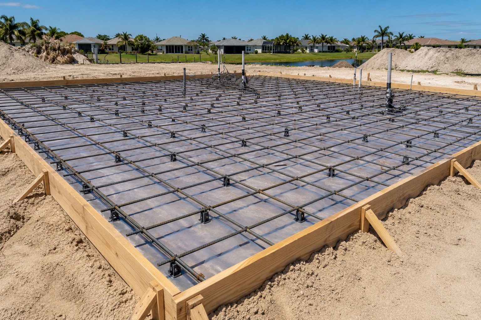 Concrete slab foundation with formwork and reinforcing steel