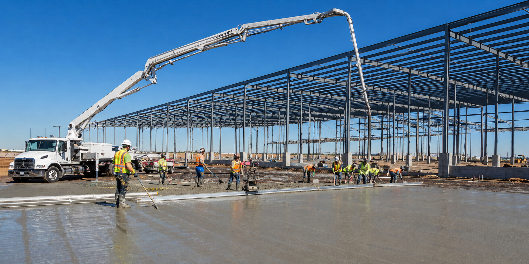 Commercial concrete flatwork pour at a warehouse site