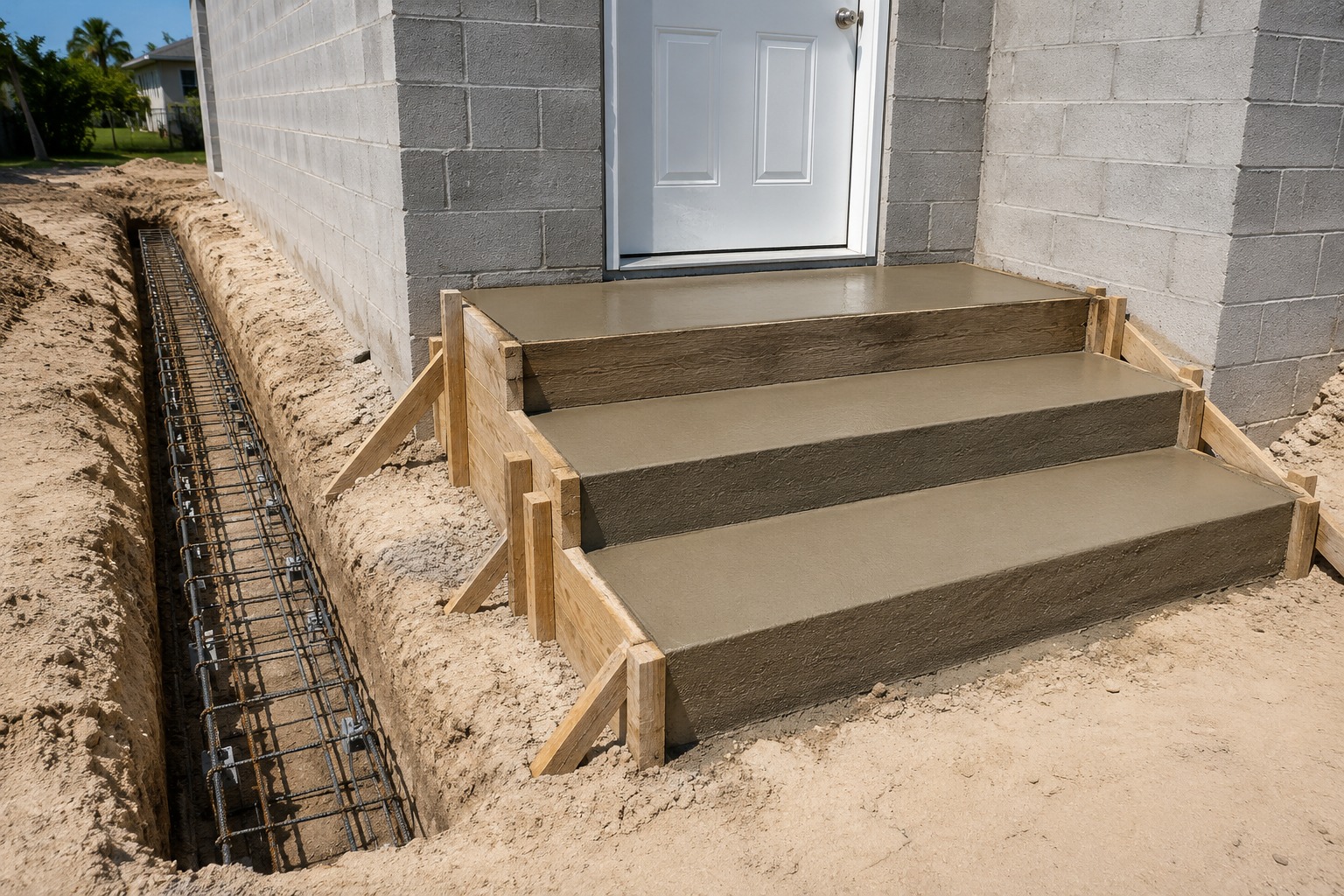 Poured concrete steps and footers under construction