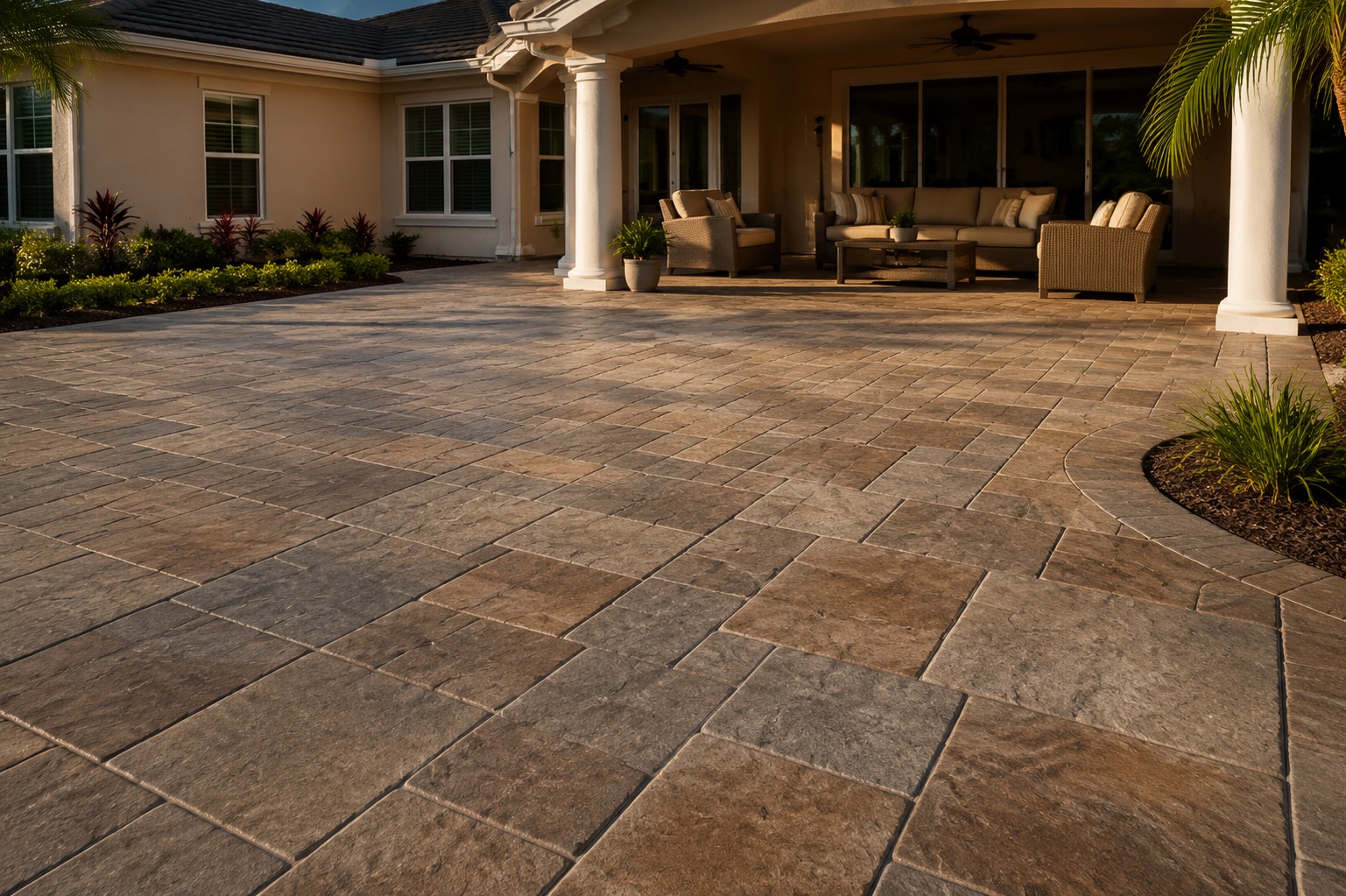 Stamped decorative concrete patio with slate pattern